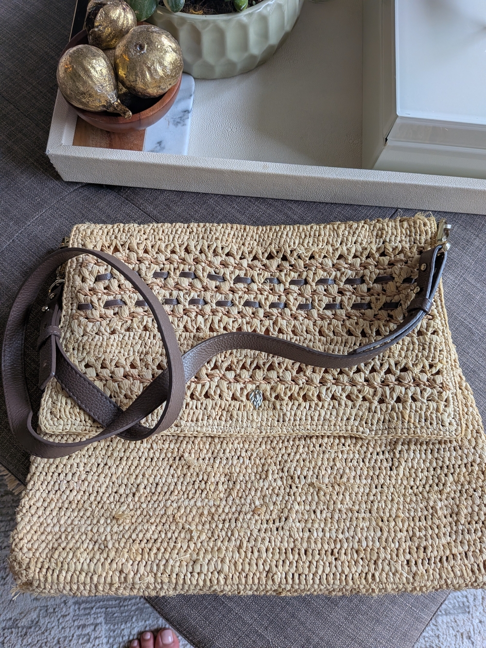 Helen Kaminski Natural Raffia Crossbody with Brown Leather Strap